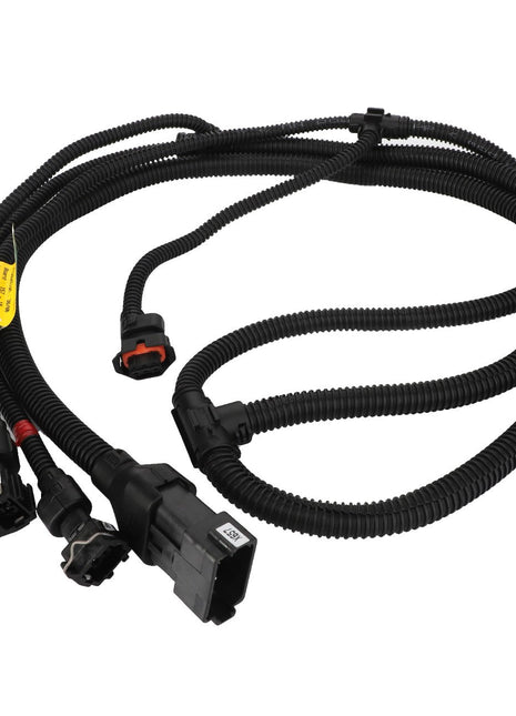 The AGCO | Harness - Acw060395A, a coiled automotive wiring harness by AGCO, is intricately designed for precision and features several connectors on each end.