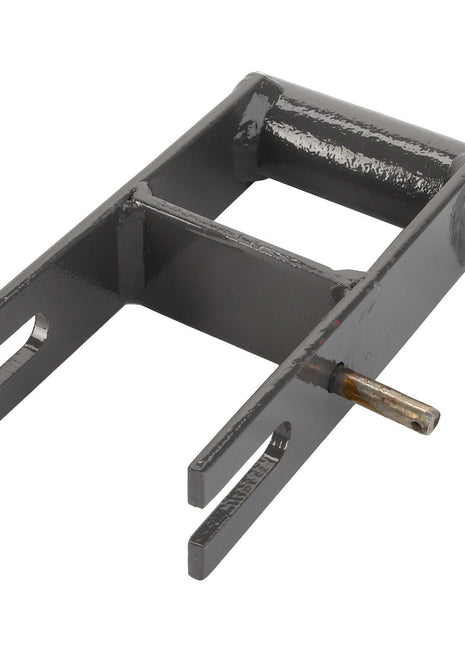 The AGCO | YOKE - ACY1177480 is a black metallic bracket featuring two prongs, a cylindrical connector at its base, and a protruding pin on one side. Note that the current product description information is unavailable.