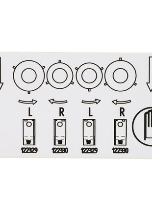 Diagram showing four circular objects with rotational arrows and two vertical binary switches labeled "L" and "R." There's also a hand symbol indicating to stop. Product Name: AGCO | Decal - Fel141851. Brand Name: AGCO. Number "141851" is at the bottom left.