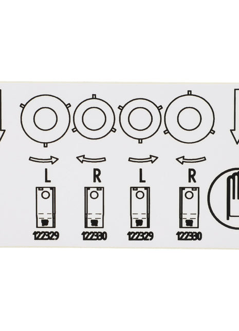 Diagram showing four circular objects with rotational arrows and two vertical binary switches labeled "L" and "R." There's also a hand symbol indicating to stop. Product Name: AGCO | Decal - Fel141851. Brand Name: AGCO. Number "141851" is at the bottom left.