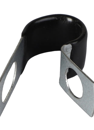 Introducing the AGCO | P-CLIP - CH4K-8864, a metal P-clamp designed with a black rubber coating. It features two flat, extended ends with mounting holes for easy installation.