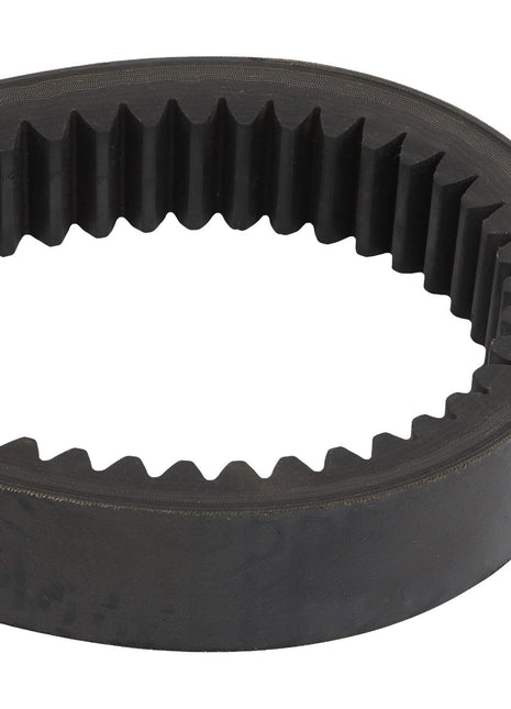 A close-up image of the AGCO | V BELT - D26746998, a black, toothed, rubber timing belt shaped in an oval loop. No current product description information available.