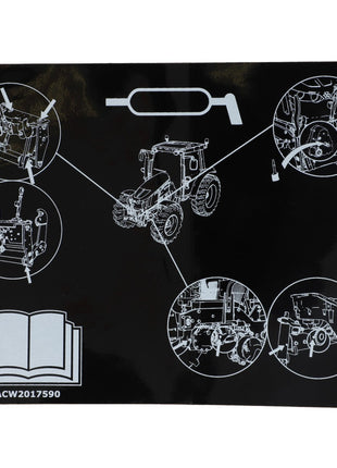 The AGCO | Decal - Acw2017590 features a black instructional diagram with white line drawings that detail the parts and assembly steps for a tractor. It includes illustrations of various components but lacks a current product description, making it essential to refer to the manual icon for detailed guidance.