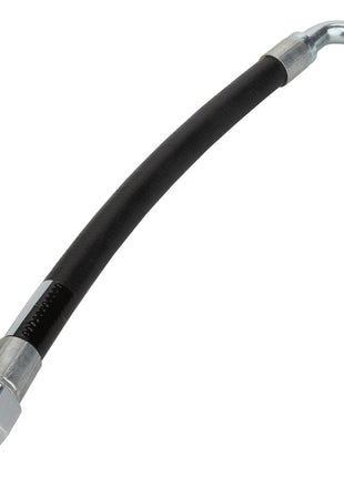 The AGCO HYDRAULIC HOSE - D45130037 is a flexible black hose with metal fittings, featuring a straight connector on one end and a 90-degree angled connector on the other. Please note that additional product details might be temporarily unavailable.