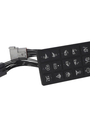 A sleek electronic control panel, part of the AGCO keyboard model AG136294, is adorned with various icons and symbols and intricately connected by multiple wires to a robust gray and black connector at the end.