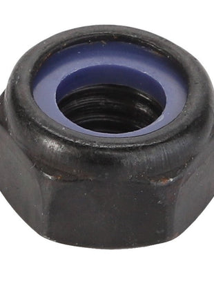 The AGCO | Hex Top Lock Nut - Acw4255900 is a black hexagonal lock nut featuring a blue nylon insert that prevents loosening.