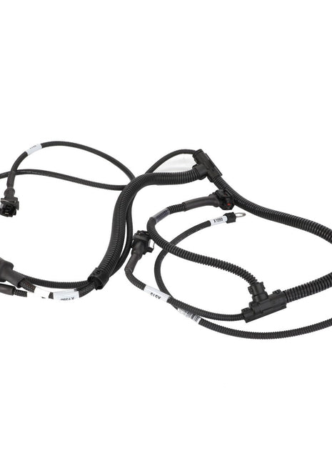 A coiled black automotive wiring harness, featuring multiple connectors and labels, branded as AGCO and designated as Harness - Acw2327730 for assured operating safety, is lying on a white background.