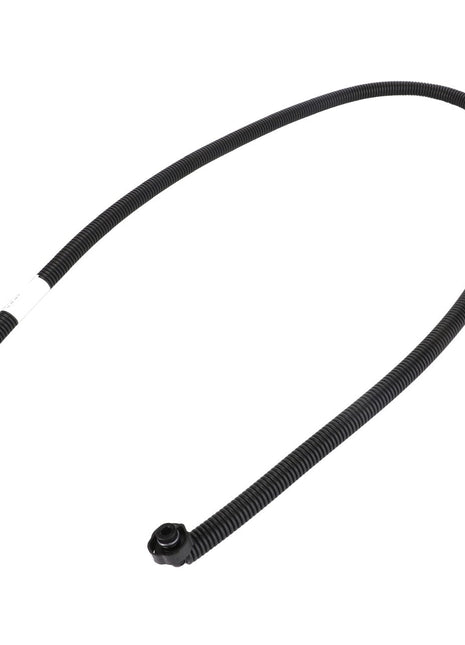 The AGCO Coolant Line (Acw1964570) by AGCO is a black, flexible corrugated tube with connectors at both ends, commonly used for routing wires or cables.