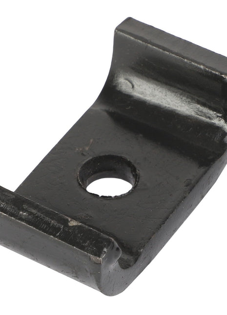 The AGCO CLAMP - AL144115 is a sleek black metal bracket featuring a central hole for easy mounting.