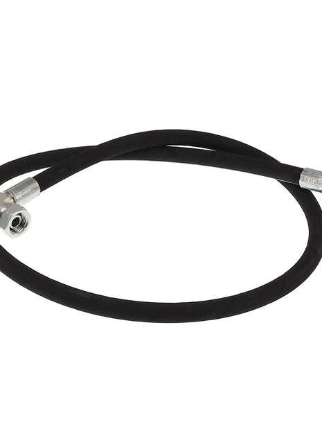 AGCO HOSE - AL9031156 is a black rubber hose equipped with metal connectors on both ends, and one connector features a red ring near it. No additional product description information is available.