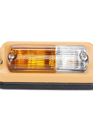 The AGCO Genuine Turn Signal Light for the right side, model F228900020020, features a rectangular amber and white lens with a beige casing and black base. It ensures safety and is secured with two screws.