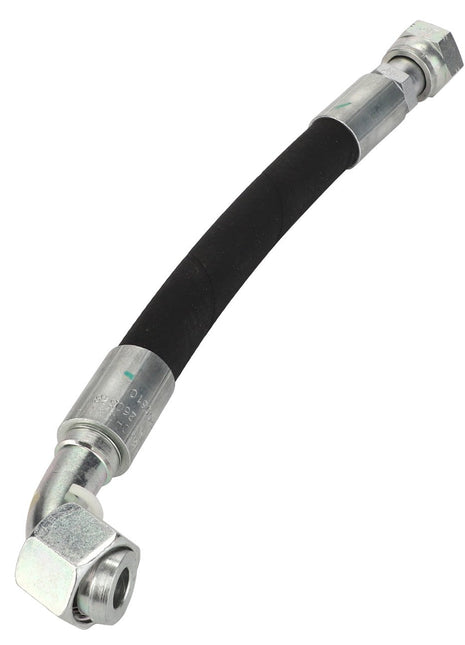 Introducing the AGCO | Hydraulic Hose - Acw2200610, a versatile and flexible hydraulic hose featuring durable metal connectors on both ends, including a 90-degree angled connector.