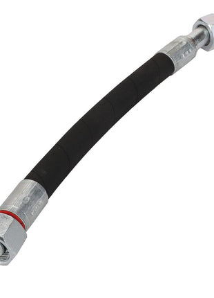 The AGCO | Hydraulic Hose - Acx2752730 by AGCO is a black, high-performance hydraulic hose featuring metal connectors on both ends and designed for abrasion resistance.