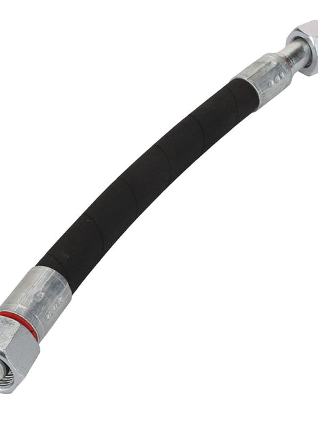 The AGCO | Hydraulic Hose - Acx2752730 by AGCO is a black, high-performance hydraulic hose featuring metal connectors on both ends and designed for abrasion resistance.