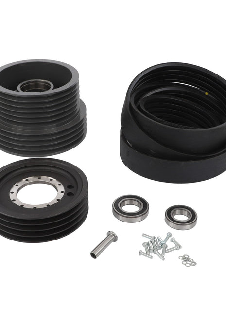 The AGCO | Feeder Speed Reduction - C0373056, a meticulously arranged set of mechanical components including pulleys, belts, bearings, a rod, and small screws, is beautifully displayed on a pristine white background.