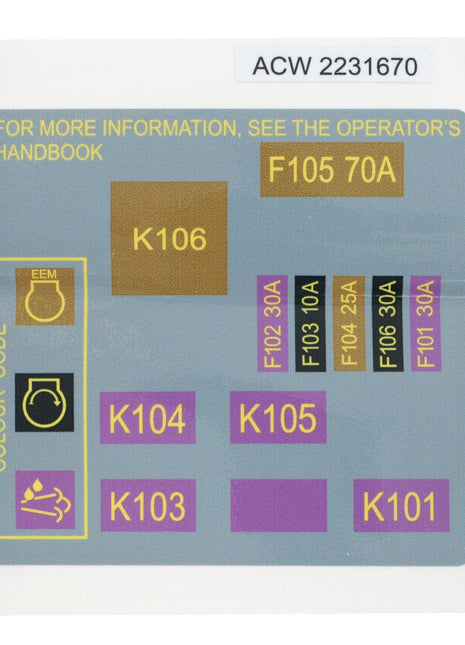 The AGCO Decal (code ACW 2231670) includes labels with codes K106, F105 70A, K104, K105, K103, K101, F102 30A, F103 30A, F104 25A, F106 30A, and F101 30A along with the EEM icon. It advises consulting the operator's handbook. There is no current product description information available.