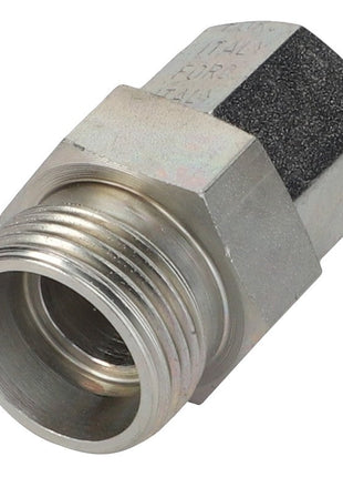 The AGCO Union - Acw0794720 is a robust, metallic threaded pipe fitting with a hexagonal body and cylindrical ends, each boasting distinct threading styles for versatile applications.