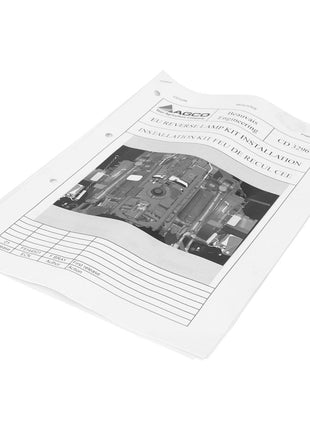A neatly arranged stack of AGCO FIT.INSTRUCTION - CD3296 printed manuals features a cover page with an engine diagram and the label "Installation Manual" in multiple languages, providing detailed instructions in the absence of current product description information.
