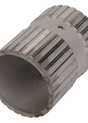 Close-up of the AGCO | SLEEVE BUSHING - V30385510, a cylindrical metal component with ridged sides and a smooth inner surface.