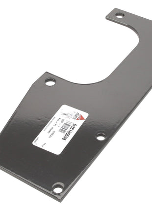 The AGCO BRACKET - D28185698 is a flat, gray metal bracket with a cut-out section and four mounting holes, featuring a white label with a barcode and text. Please note that no additional product description information is available beyond this.