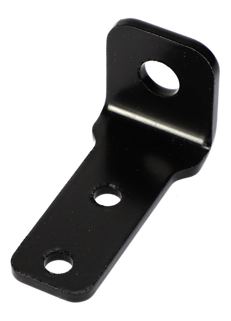 Introducing the AGCO Light Bracket - Acp0319310: a durable black metal L-bracket, meticulously designed with three strategically placed holes—one on the vertical section and two on the horizontal part.