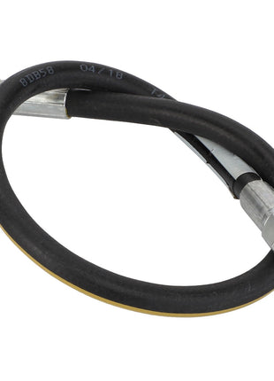 A black flexible hydraulic hose, model D45130076 by AGCO, with metal fittings on both ends, coiled into a loop. No current product description information available.