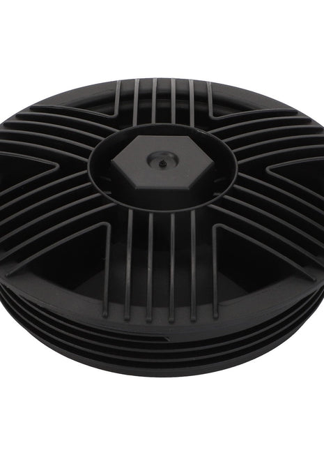 The AGCO | Plug - Acw361915B by AGCO is a sleek black circular object featuring a hexagonal center with radial lines extending outward.