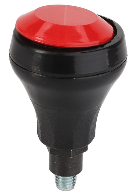 Close-up of the AGCO | LEVER - D45940200, featuring a black and red emergency stop button with a threaded metal base, commonly used in machinery and industrial equipment for safety purposes.