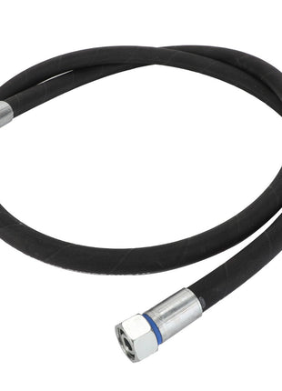 The AGCO Hydr. Hose - Acw0716690 is a black hydraulic hose featuring metal connectors on both ends, coiled loosely in a circle.