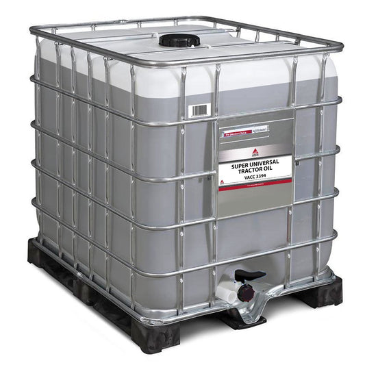 A large, square-shaped container with a metal frame filled with AGCO Parts Super Universal Tractor Oil 10W-30 (1000L - Vacc3394). This agricultural lubricant, branded by AGCO, has a label on the front and is placed on a plastic pallet.