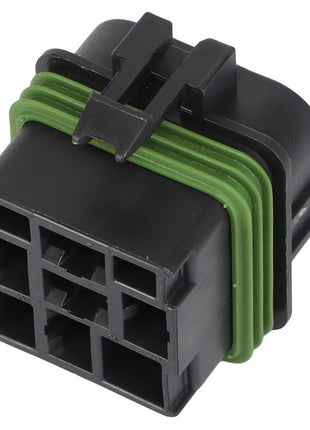 Meet the AGCO | CONNECTOR - AG520059 by AGCO: a black plastic electrical connector with green rubber sealing, featuring eight rectangular pin slots. Currently, no further product description information is available.