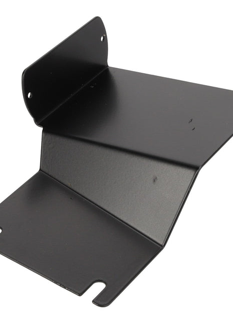 The AGCO | BRACKET - D28783222 by AGCO is a black, angled metal bracket featuring two mounting holes on the upright portion and two notches on the flat base. No current product description information is available for this item.