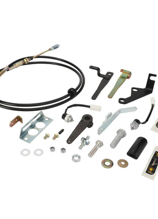 The AGCO PTO Control Kit - 4280782M16, featuring an array of meticulously arranged car repair parts like cables, bolts, brackets, and connectors, is displayed on a white background.