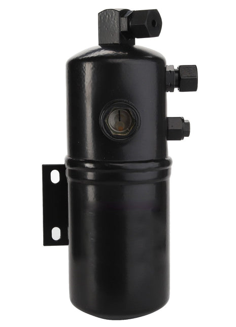 The AGCO | TANK - D26734963, a cylindrical black metal hydraulic oil tank from AGCO, features a glass level gauge, multiple ports, and a side mounting bracket to ensure precise operation.