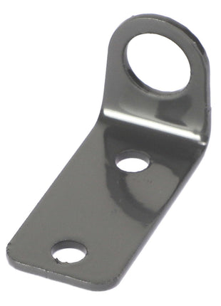 There is no existing product description for the AGCO | Plate - Acx2866310, a metal bracket from AGCO that features three holes: one large hole at the top bend and two smaller holes aligned on the flat portion.