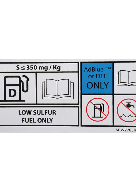 The decal for AGCO (Code: ACW278347A) indicates the requirement of low sulfur diesel fuel with a sulfur content of ≤ 350 mg/kg, mandates the exclusive use of AdBlue or DEF, prohibits other fuels, and specifies no water usage. The decal reads: "LOW SULFUR FUEL ONLY." Currently, no detailed product description is available.
