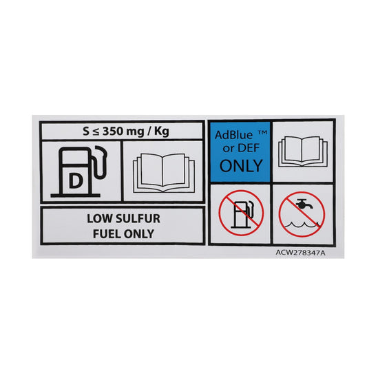 The decal for AGCO (Code: ACW278347A) indicates the requirement of low sulfur diesel fuel with a sulfur content of ≤ 350 mg/kg, mandates the exclusive use of AdBlue or DEF, prohibits other fuels, and specifies no water usage. The decal reads: "LOW SULFUR FUEL ONLY." Currently, no detailed product description is available.