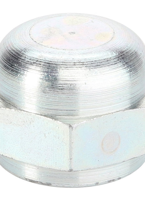 A detailed image showcases the AGCO | CAP - D46150577, a metallic cap nut featuring a rounded top and hexagonal base. The nut possesses a shiny, reflective surface that gleams under the light, exemplifying AGCO's commitment to quality.