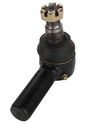 The AGCO TIE ROD - ACY1574340 is a black automotive ball joint featuring a threaded end and topped with a castle nut. Currently, there is no additional product description information available.