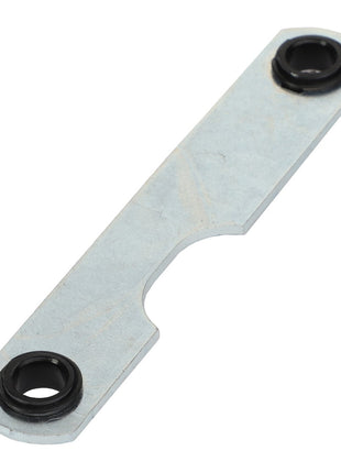 The AGCO | CONNECTOR LINK - AG726133 by AGCO is a sturdy flat metal bracket equipped with two black circular rubber grommets, one at each end, ensuring a secure and durable application.