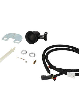 The AGCO car backup sensor kit (Accessory Code - Acw1748560) by AGCO, which includes a sensor, wiring harness, metal bracket, zip ties, screws, and small metal fittings, is showcased against a clean white background.