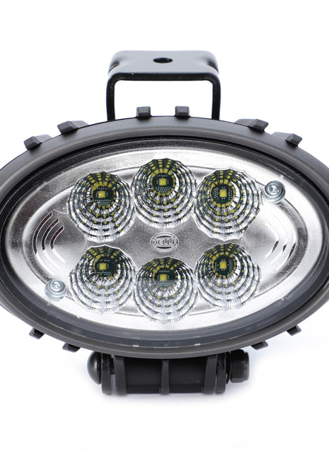 The AGCO | Work Light, Led - Acw2237900 from the AGCO brand features six LED bulbs arranged in a circular pattern encased in a sleek black rugged housing for enhanced durability and visibility, complete with a mounting bracket at the base.