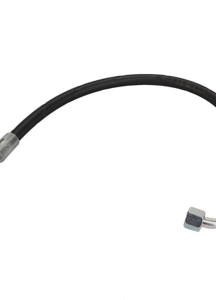 The AGCO Hydraulic Hose - Acw2794870 features a black rubber construction with metal connectors at both ends—one straight and one L-shaped. No additional product description information is available.