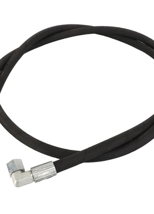 An image of the AGCO | HOSE - AL9032523, a black rubber hose from AGCO with metal connectors on both ends. One connector features a distinctive red ring near the joint. No current product description information is available.
