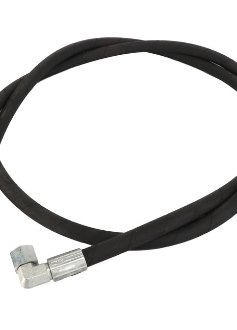 An image of the AGCO | HOSE - AL9032523, a black rubber hose from AGCO with metal connectors on both ends. One connector features a distinctive red ring near the joint. No current product description information is available.