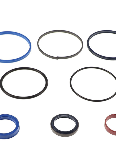 The AGCO | KIT - AL5040047 set includes eight assorted seals and o-rings of different sizes and colors, organized in two rows. The upper row features black and blue rings, while the lower row contains blue, black, and red components. Additional product description details are not currently available.