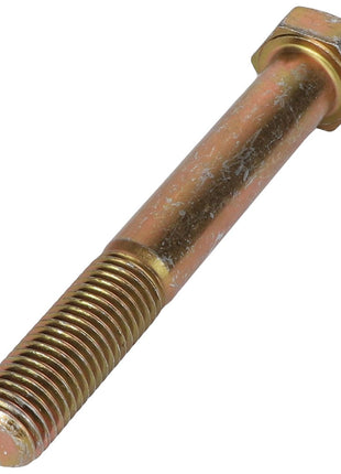 An AGCO HEXAGONAL HEAD BOLT - AG561667, featuring a robust metal build with a partially threaded shaft and a hexagonal head, is displayed on a pristine white background.