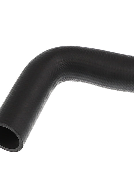 The AGCO RADIATOR HOSE - ACP0581620, a black, L-shaped rubber hose featuring a textured surface and open ends, is artfully positioned on a crisp white background.