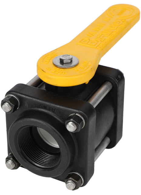 The AGCO | BALL VALVE - AG513722 is a black and yellow plastic valve featuring a long handle and four mounting bolts, ideal for those seeking reliable 4-bolt valves from the trusted brand, AGCO.