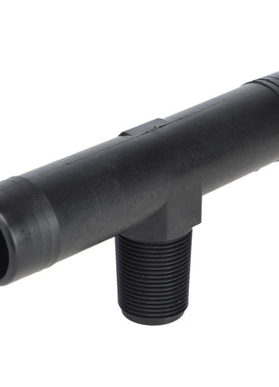 The AGCO | NOZZLE TEE - AG515491 is a black plastic T-shaped pipe connector featuring three openings, one of which is threaded for pipe connections. Currently, there is no additional product description information available.
